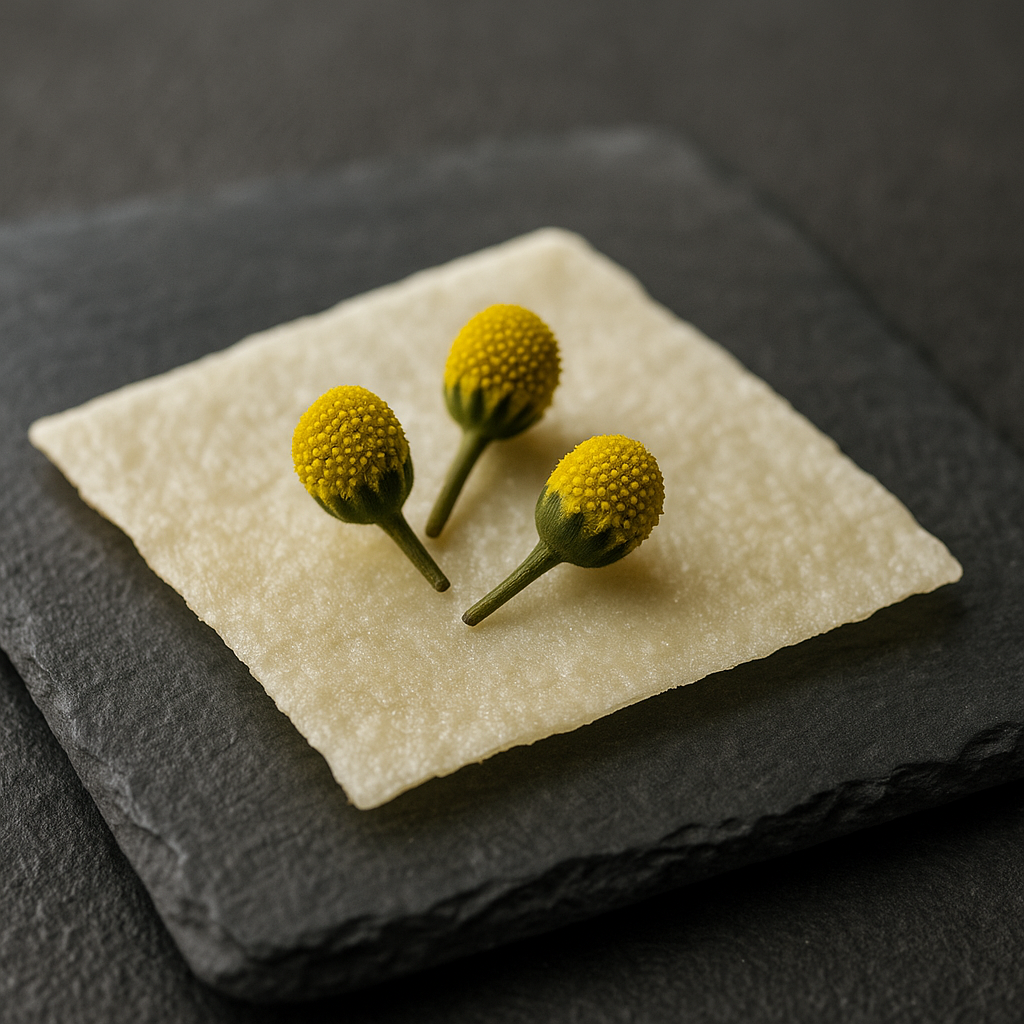 Wafer di latte disidratato Electric Milk con tre capolini di fiore elettrico (Acmella oleracea) su piatto di ardesia