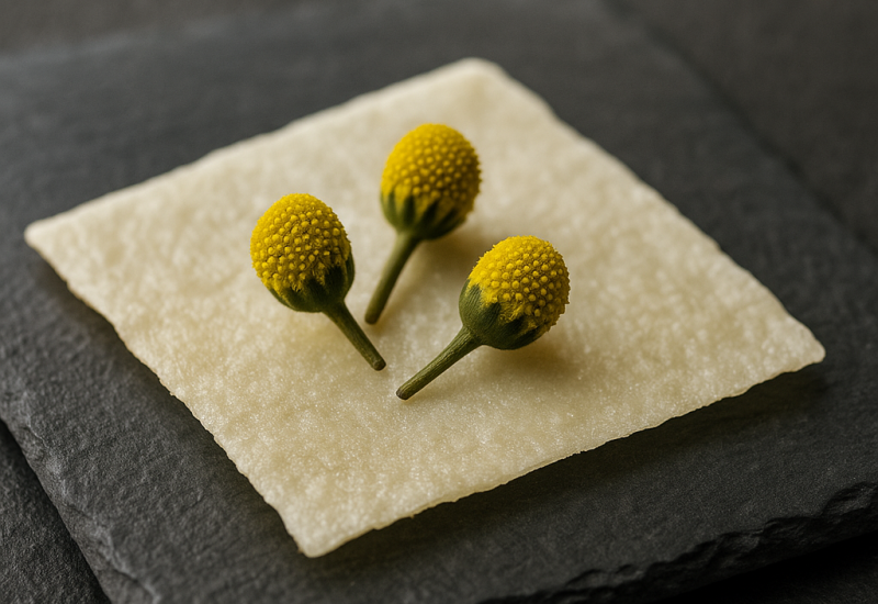 Wafer di latte disidratato Electric Milk con tre capolini di fiore elettrico (Acmella oleracea) su piatto di ardesia